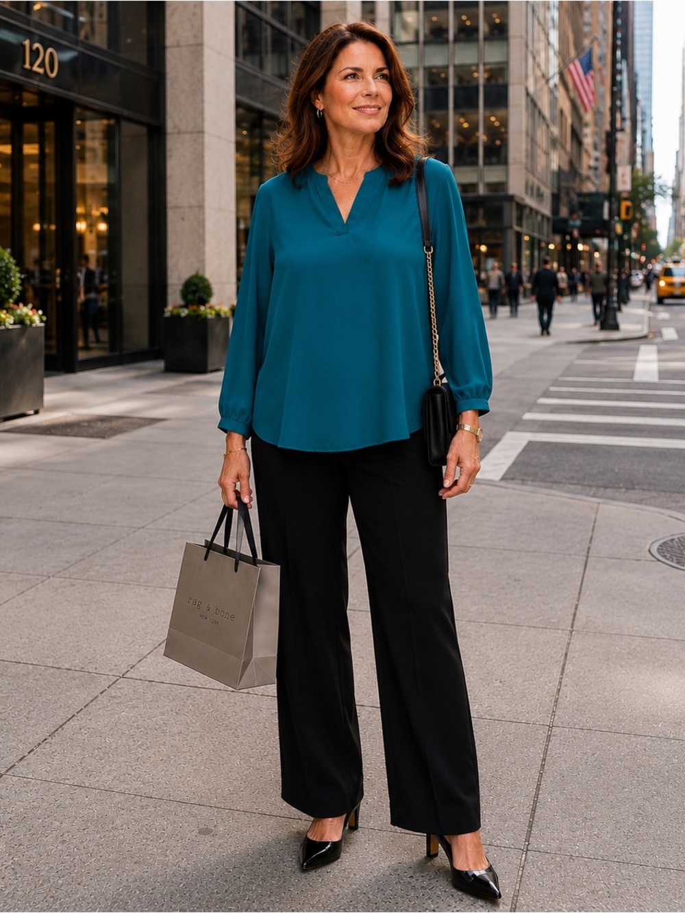 Adrianna Papell Teal V-Neck Blouse with Black Wide-Leg Pants